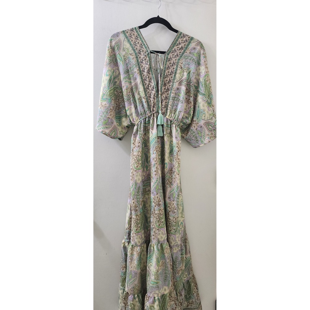 Zury Silk Blend Paisley Maxi Dress Boho Tassel V-Neck Tiered Mint Lavender OS